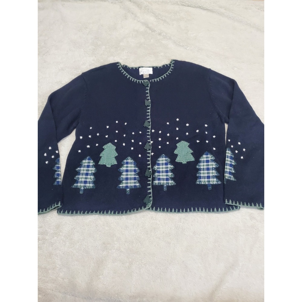 Christopher Banks Blue Green Knit Snow Tree Winter Button Cardigan Large Cabin